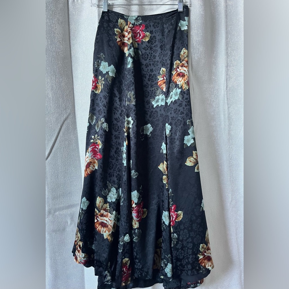 Jones New York- Black Floral Silk, Midi Flared Skirt